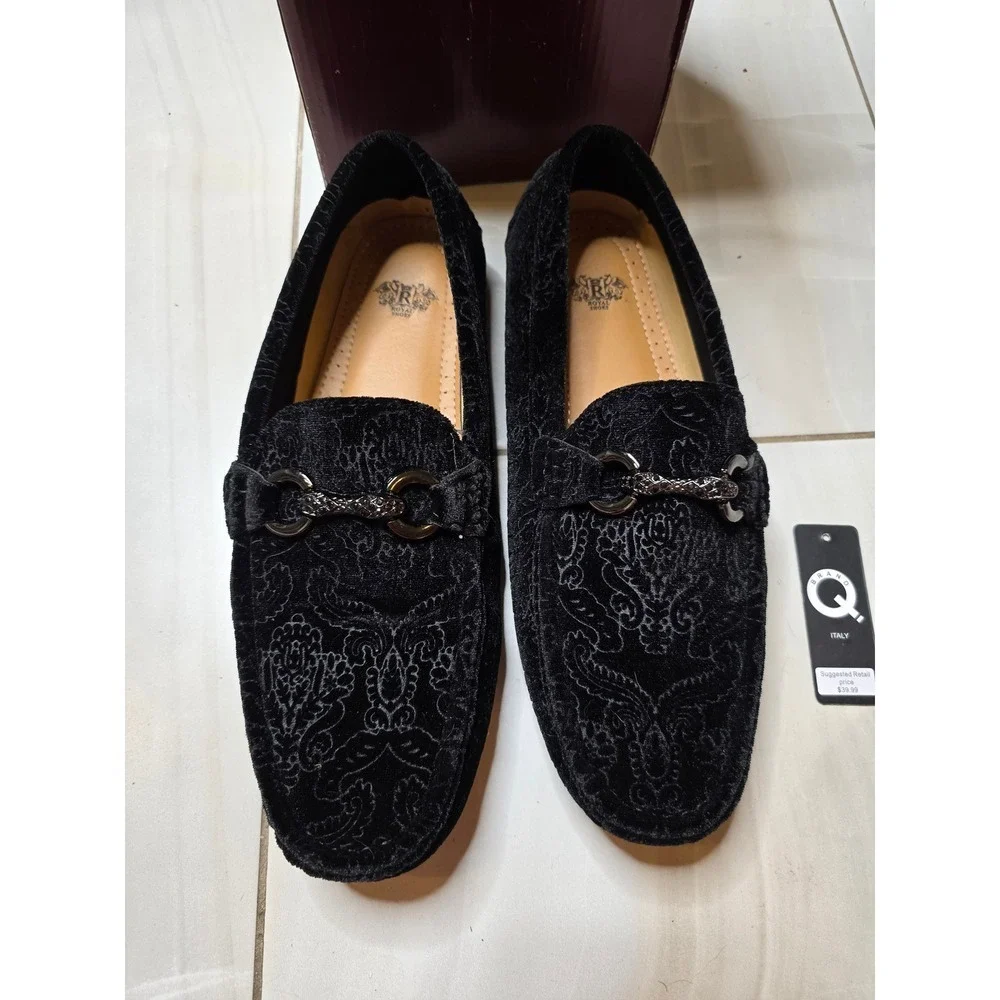 Royal Shoes Mens Black Velvet Paisley Damask Bit Loafers MOC-107 Size 8.5‎ NEW